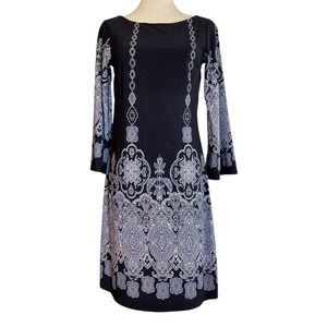 Enfocus Petite Black White Paisley Print Long Sleeve Shift Dress 4P